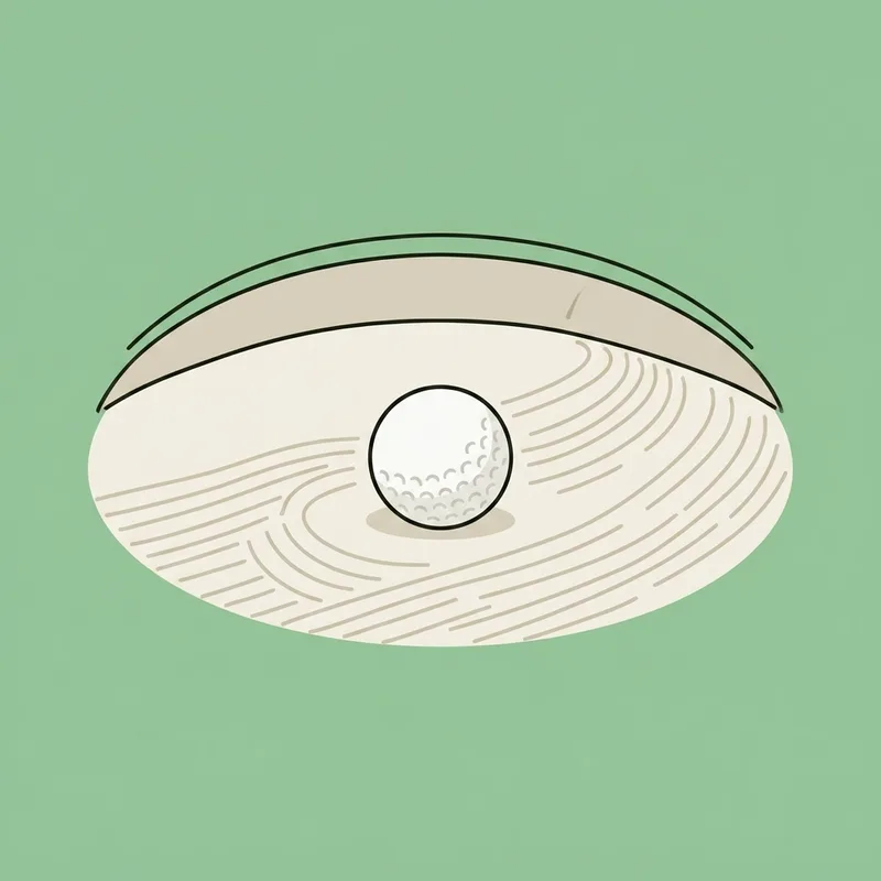 A golf ball resting on smooth sand inside a bunker