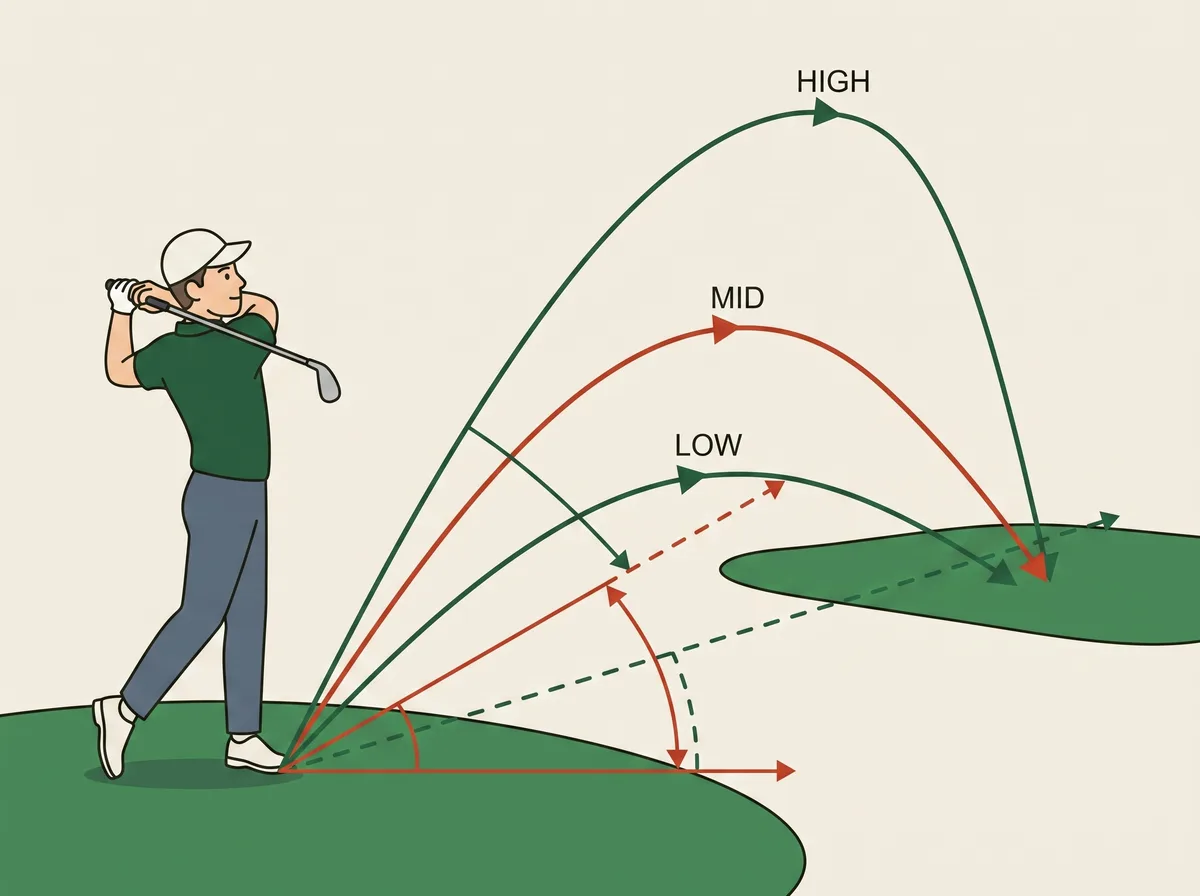 Diagram showing three wedge shots leaving the same spot on three different trajectories, low, medium and high, all finishing on the same putting surface
