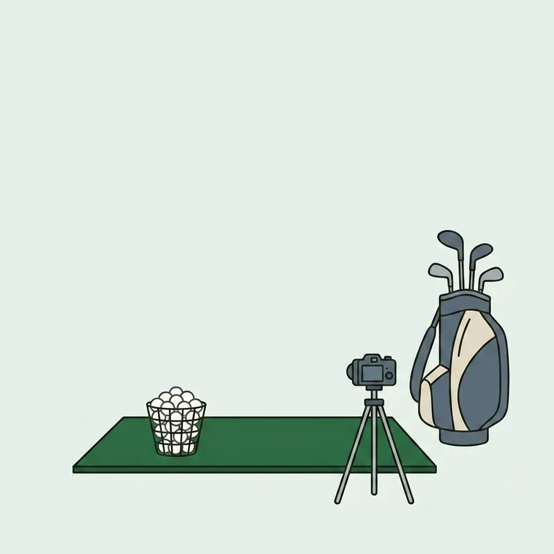 A practice bay with a camera on a tripod facing the hitting area