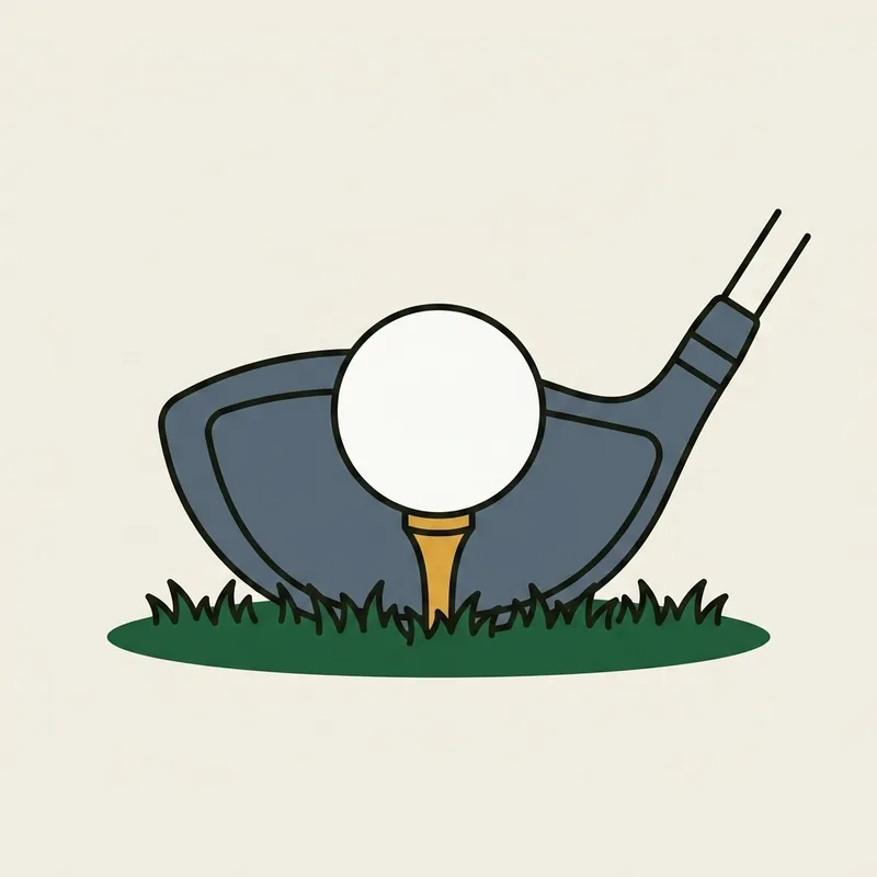 A driver head resting on the ground behind a golf ball on a tee