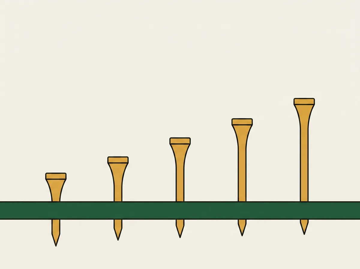 Five wooden golf tees pushed into the ground at steadily increasing heights, seen from the side