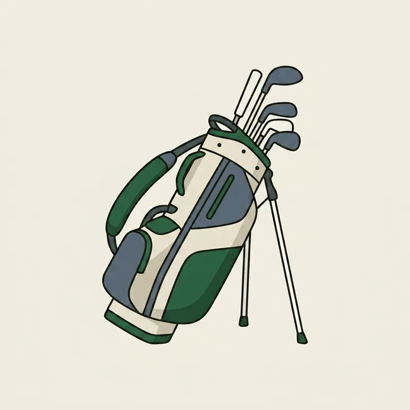 A golf stand bag propped upright on its legs with club heads visible at the top
