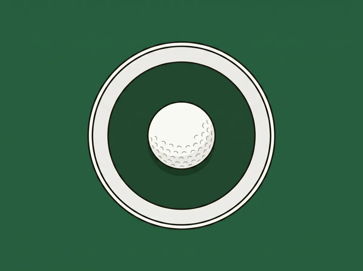 An open golf hole seen from directly above with a golf ball resting inside it
