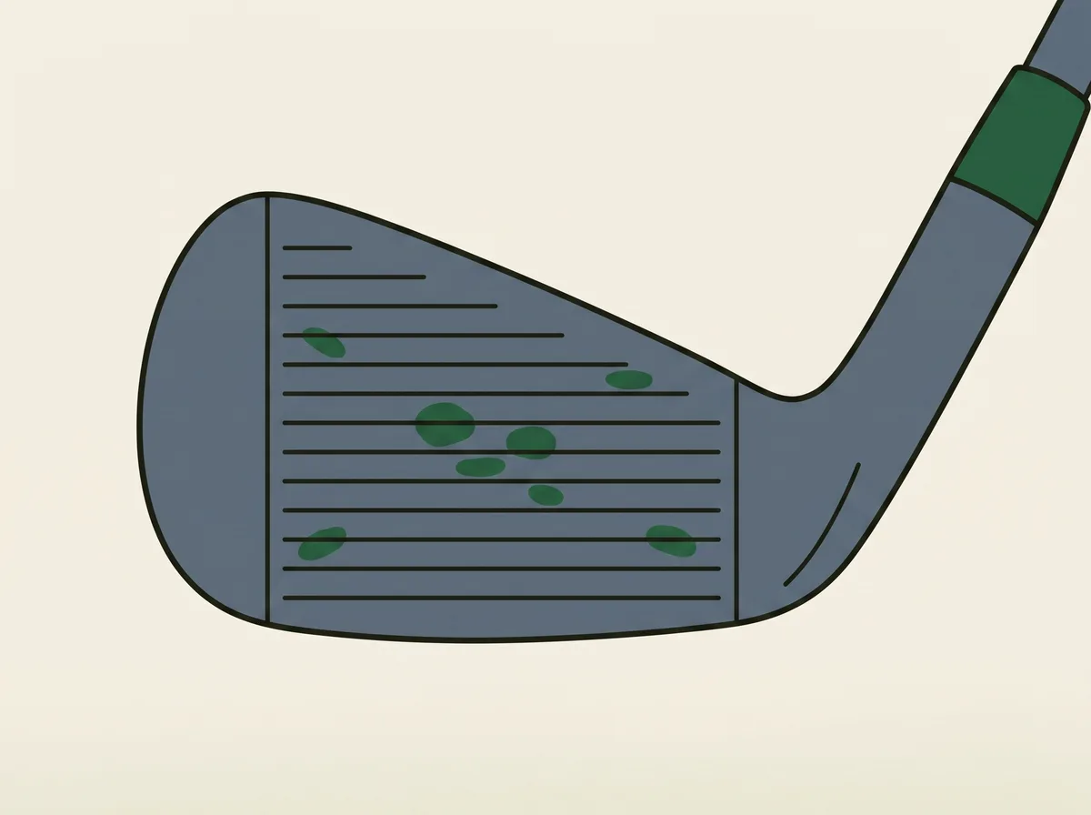 An iron clubface seen straight on with several small oval ball marks scattered across the grooves