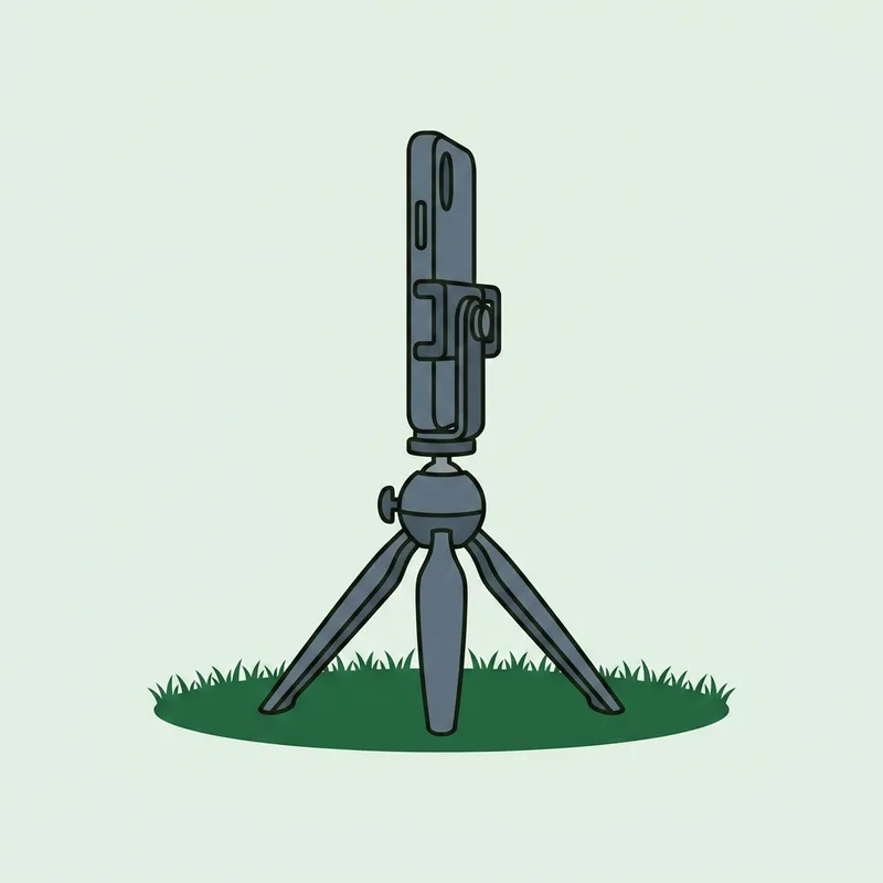 A smartphone mounted on a small folding tripod standing on grass