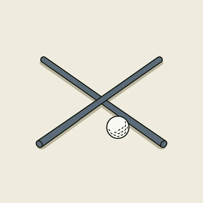 Two thin round rods lying crossed over one another on the ground with a golf ball resting in the angle between them