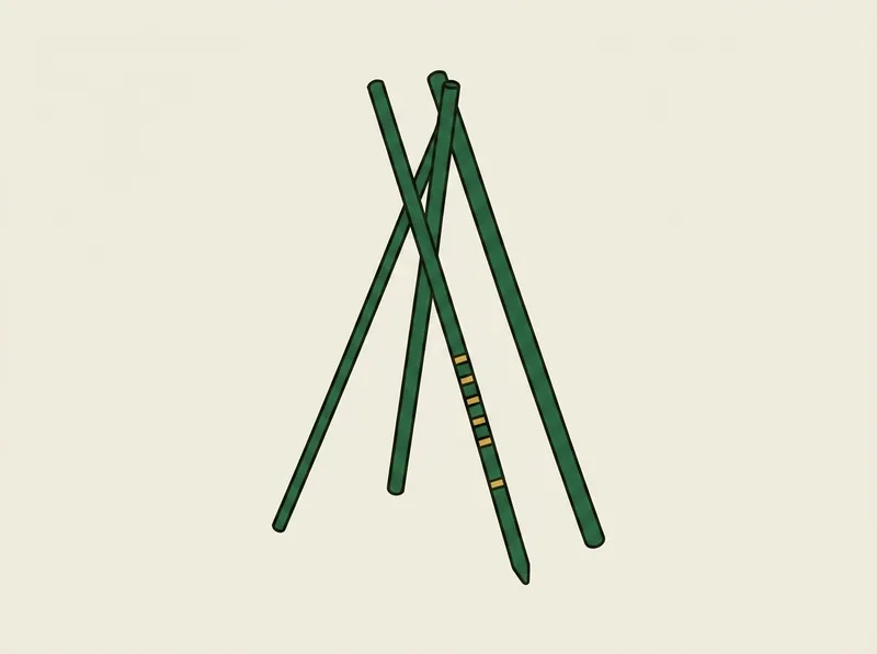 Illustration of three thin round alignment rods leaning together, the nearest showing narrow bands along its middle and a pointed lower end