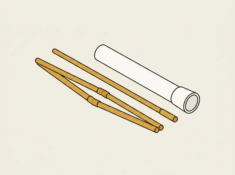 Illustration of two thin round alignment rods with a joint at the midpoint of each, lying beside a short cylindrical storage tube