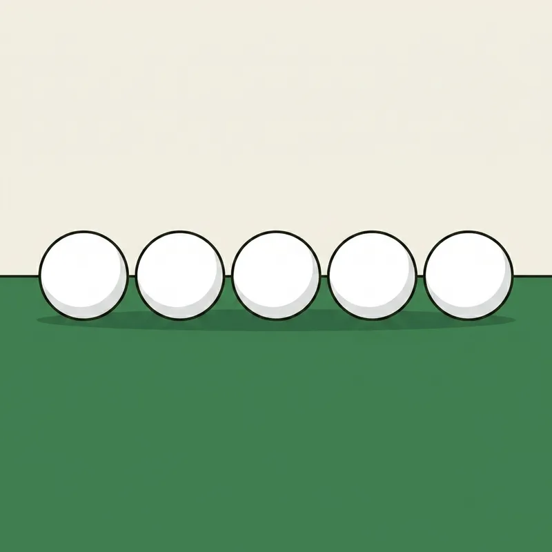A short row of golf balls lined up on a flat mown grass practice area in soft light