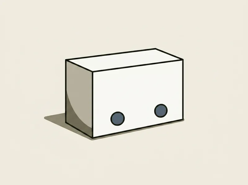 Illustration of a small low rectangular electronic sensor box with two plain circular sensor windows across the front