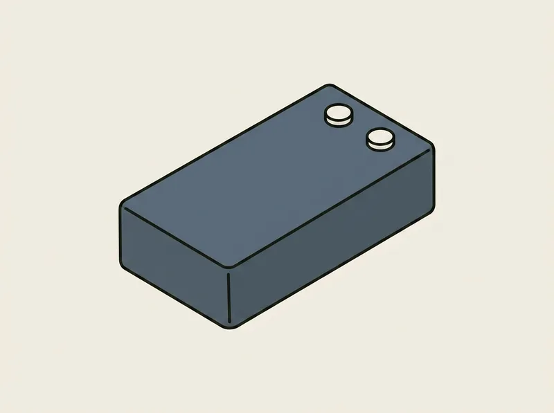 Illustration of a small rectangular electronic sensor box seen from directly above with two plain buttons at one end