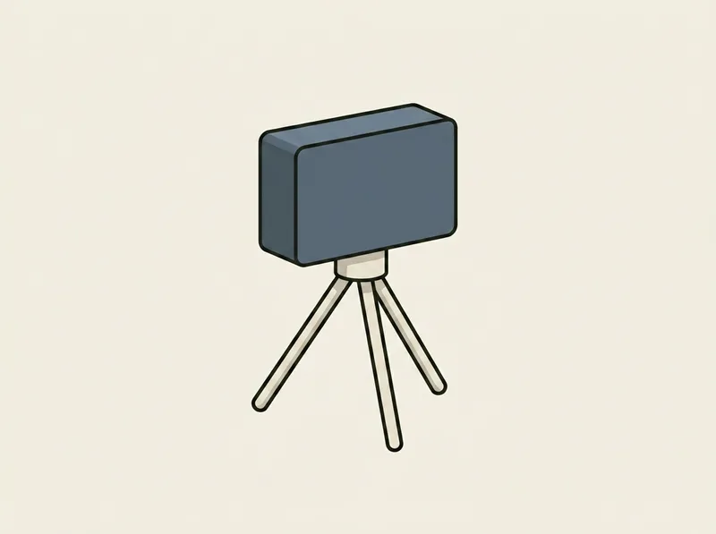 Illustration of a small rectangular electronic sensor box mounted on a short folding tripod
