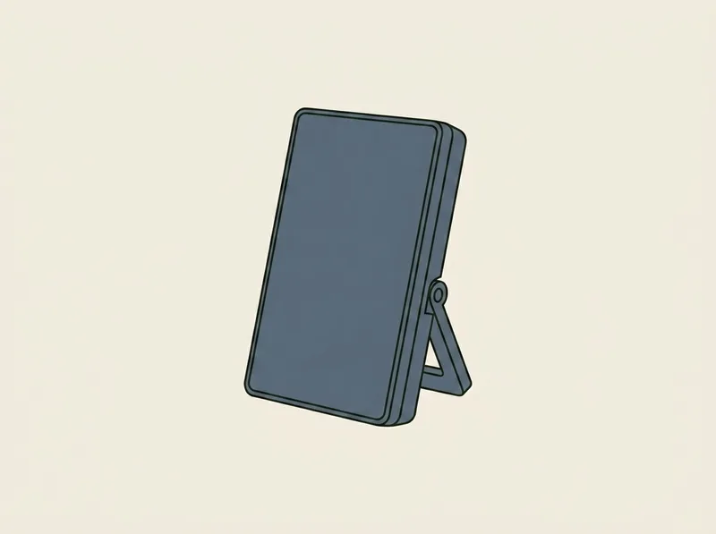 Illustration of a slim upright rectangular electronic sensor unit with a plain blank front panel and a folding kickstand