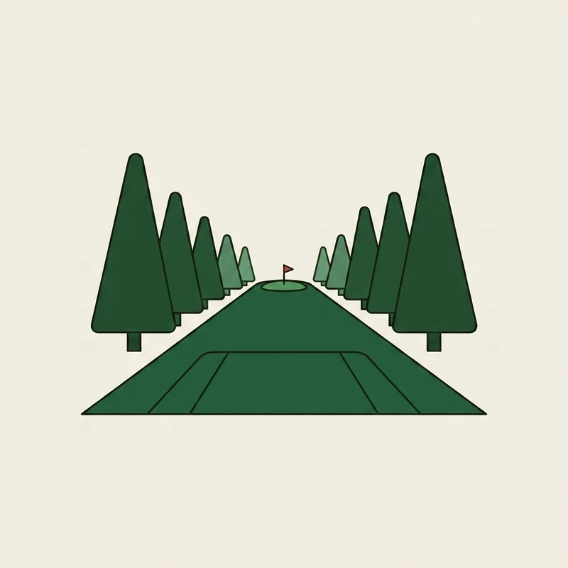 A view down a fairway from behind the tee with the green a long way off and a flag just visible