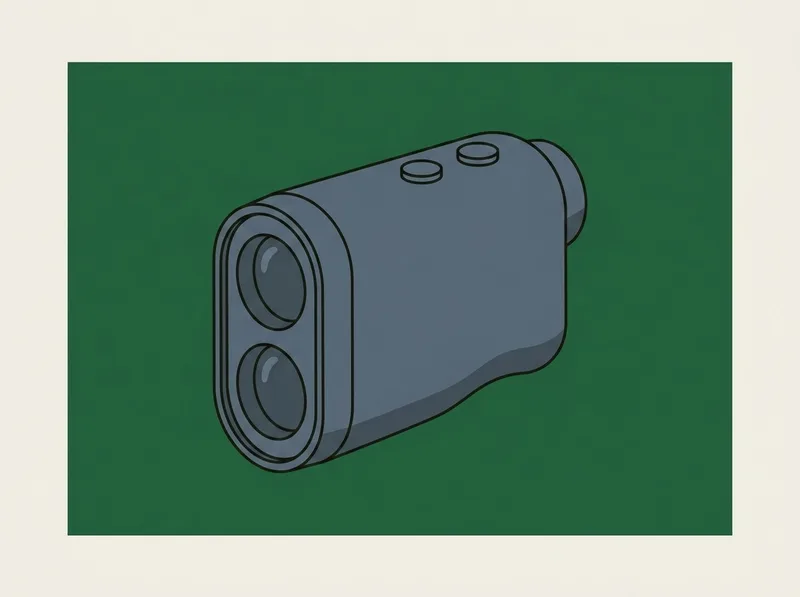 Illustration of a golf laser rangefinder seen from directly above with two round lenses and two plain buttons