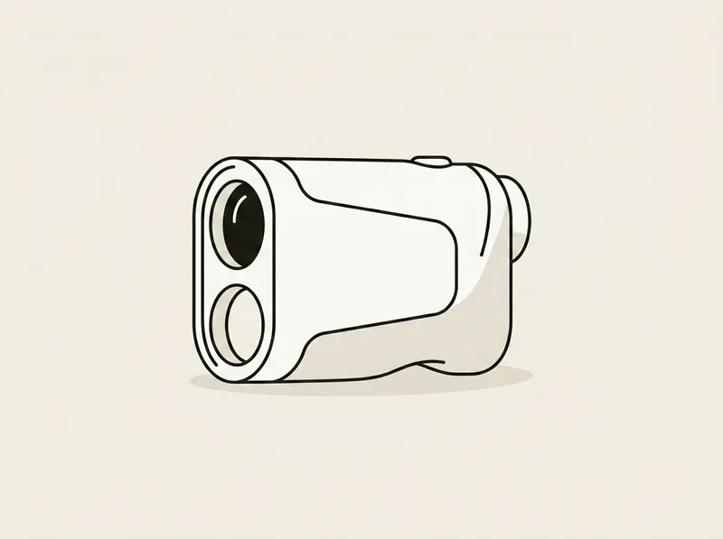 Illustration of a golf laser rangefinder lying on its side in plain profile with a single round lens