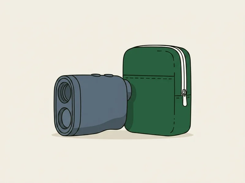 Illustration of a small golf laser rangefinder standing upright beside a plain zipped fabric carry case