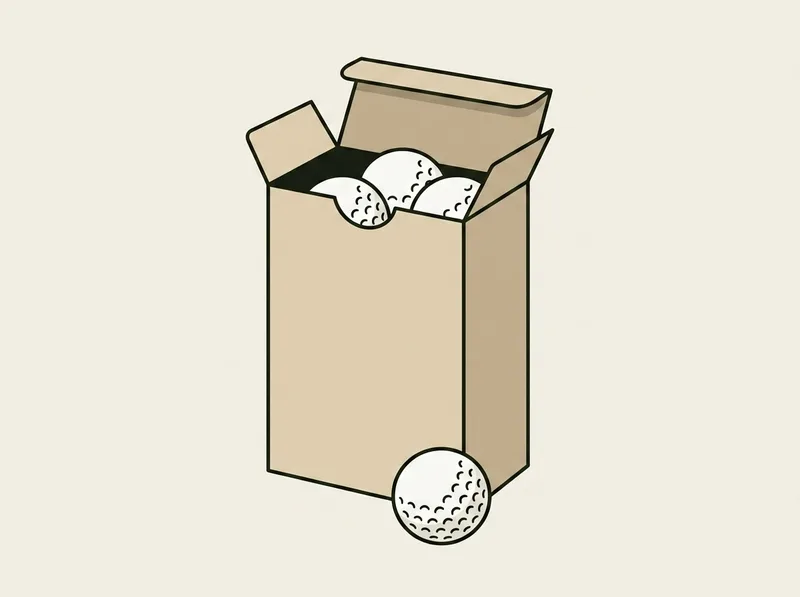 Illustration of a plain cardboard sleeve of three golf balls with one ball in front of it