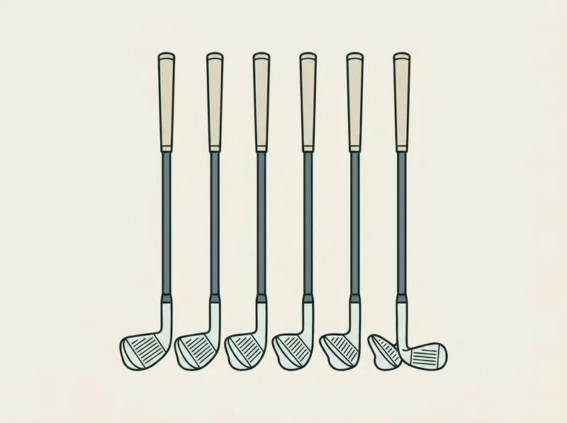 Illustration of six golf irons standing in a row in ascending length order