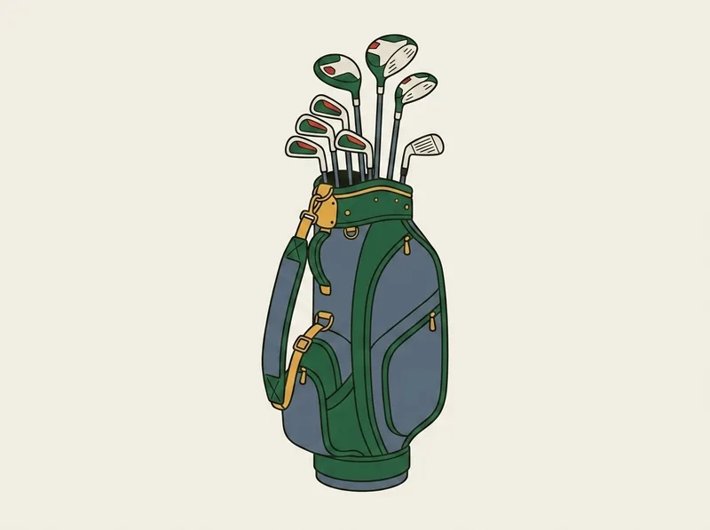 Illustration of a full set of golf clubs standing in an upright cart bag