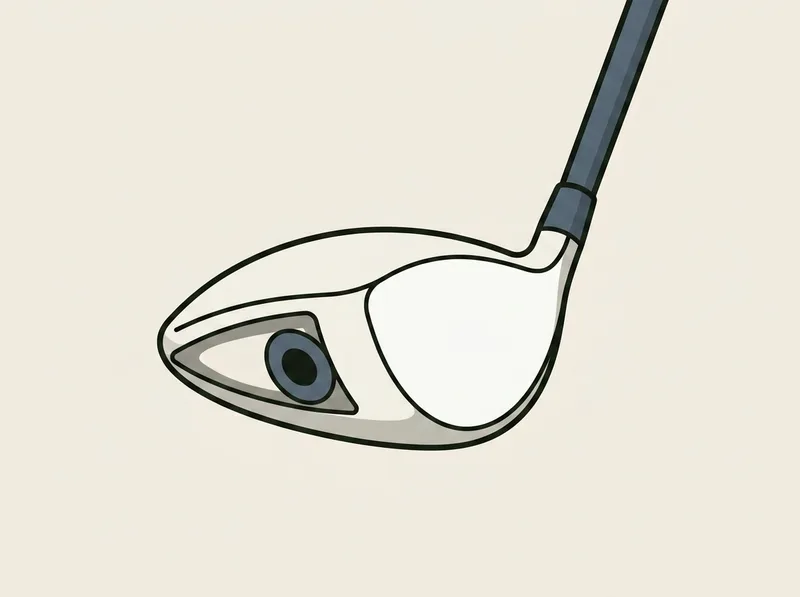 Illustration of a golf driver lying with the sole facing the viewer, a single round weight port set into the rear of the sole