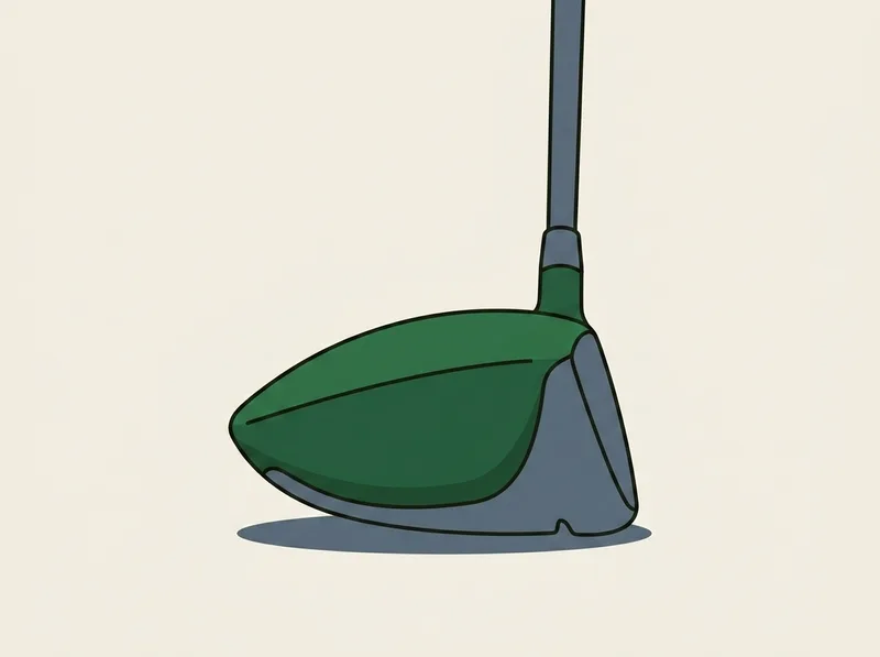 Illustration of a deep golf driver head seen from behind, showing the full front to back body