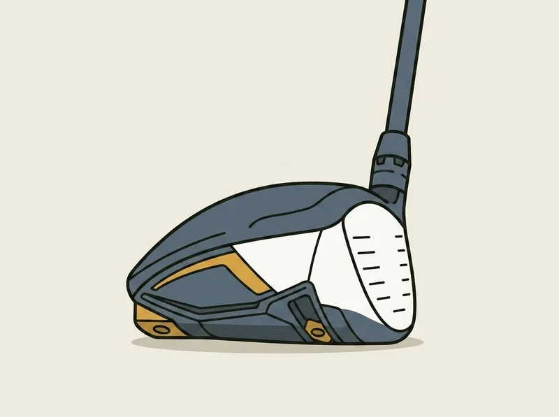 Illustration of a golf driver head standing on its sole with the hosel and shaft joint prominent