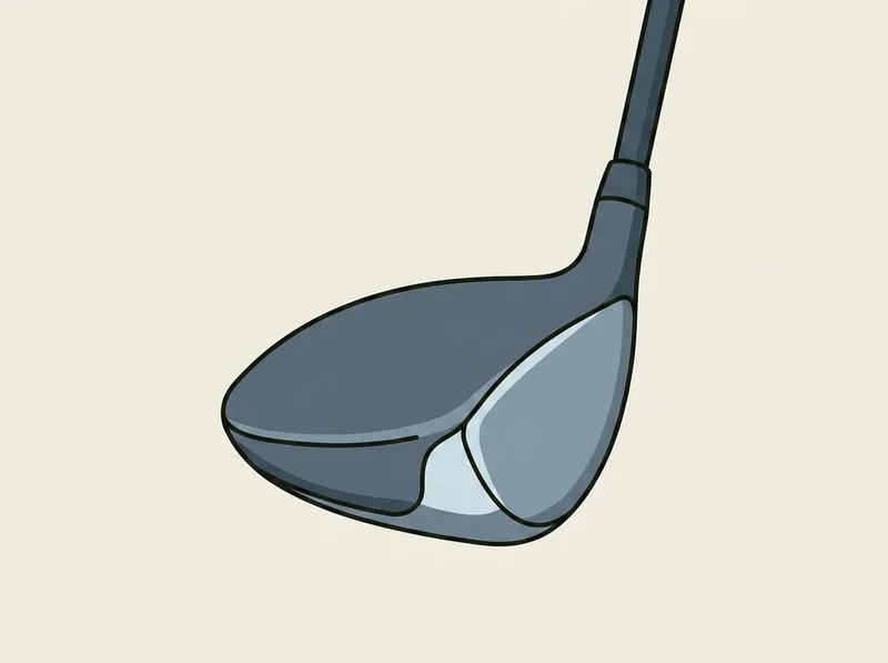 Illustration of a slim golf driver head resting on its sole seen from three quarters behind