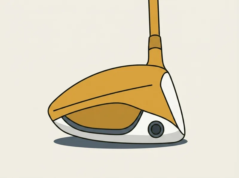 Illustration of a golf driver head seen from behind and above, a round weight port set into the rear of the sole