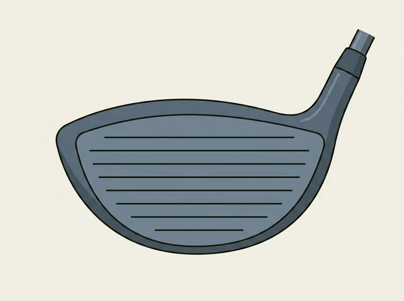 Illustration of a golf driver head seen face on, the striking face shallow from top edge to sole