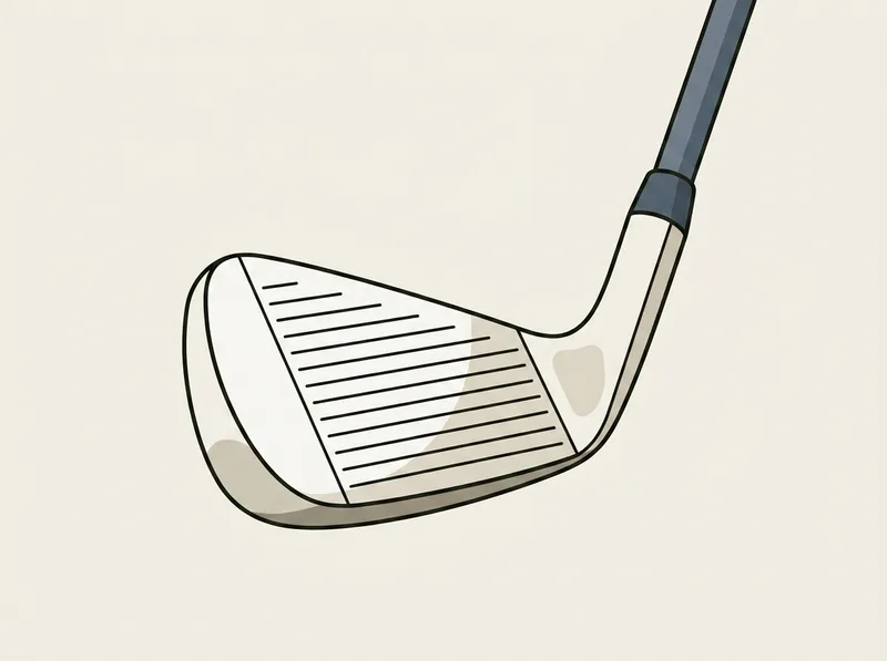 Illustration of a golf iron head turned to show the scored face straight on