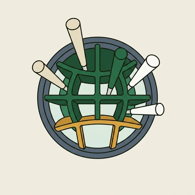 The top opening of a golf bag seen from above with the rim divided into separate compartments and club grips standing up out of them