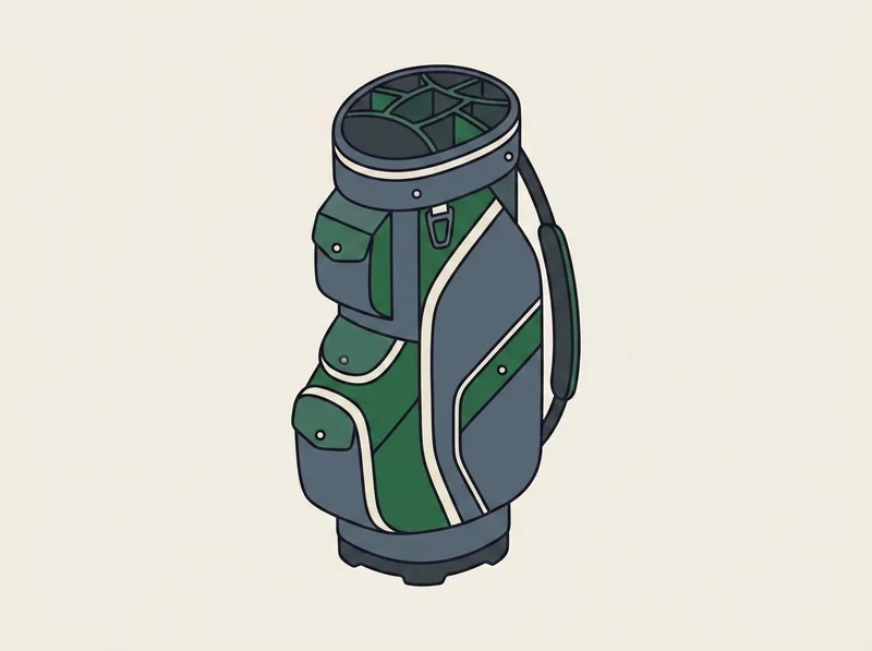 Illustration of a wide golf cart bag with a large segmented top and forward-facing pockets down one side