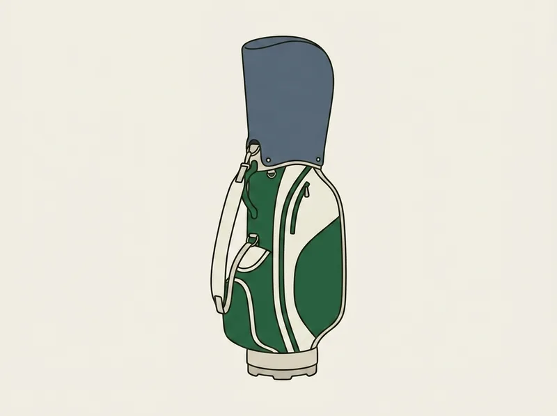 Illustration of a golf bag with a rain hood fitted over its top opening and a flat moulded base