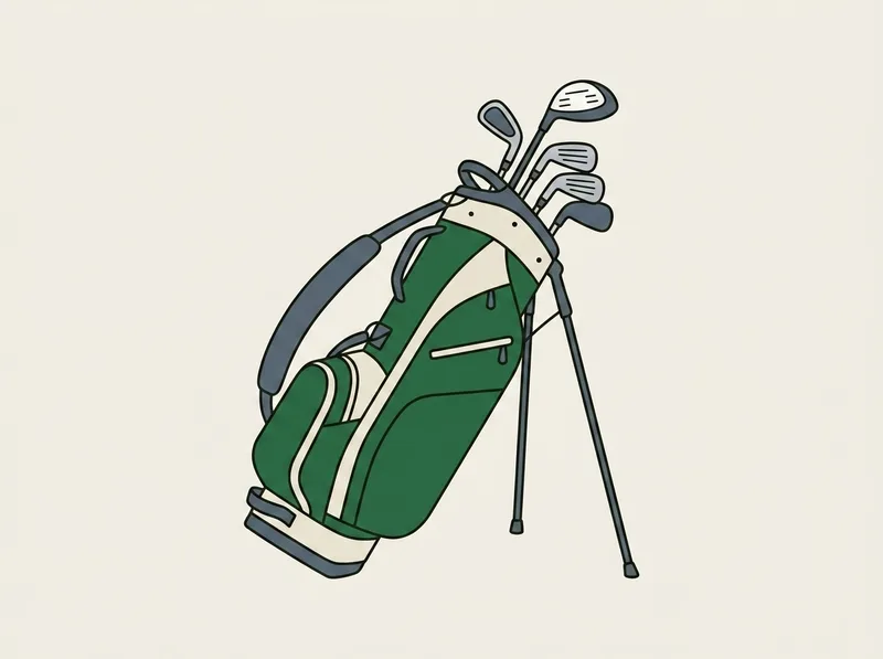 Illustration of a golf stand bag tilted on two splayed support legs with club heads showing above the rim