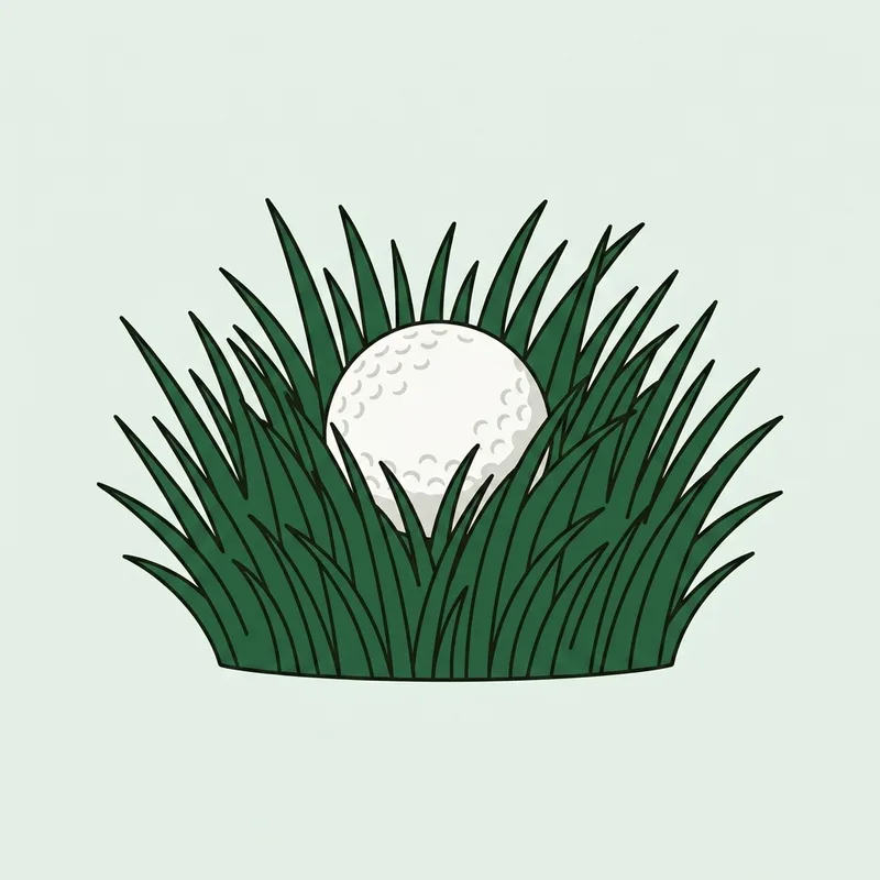 A golf ball sitting deep in a clump of long grass with only its top showing