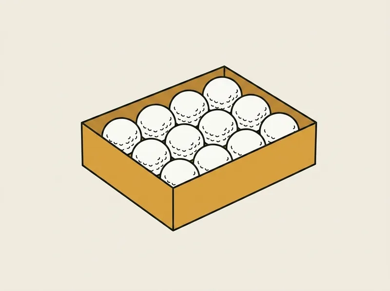 Illustration of an open box of a dozen golf balls with the balls visible in rows inside
