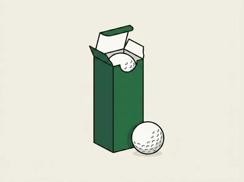 Illustration of a cardboard sleeve of three golf balls with one ball resting in front of it