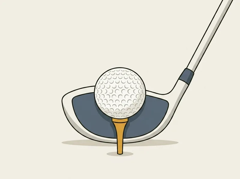 Illustration of a plain golf ball on a tee beside the face of a driver head