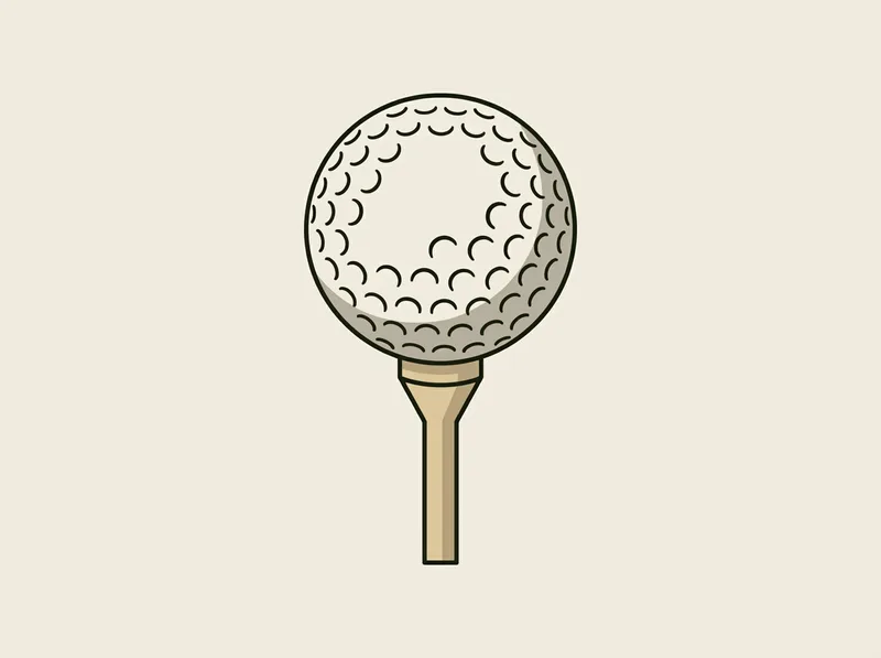 Illustration of a plain golf ball balanced on a slim wooden tee seen from below