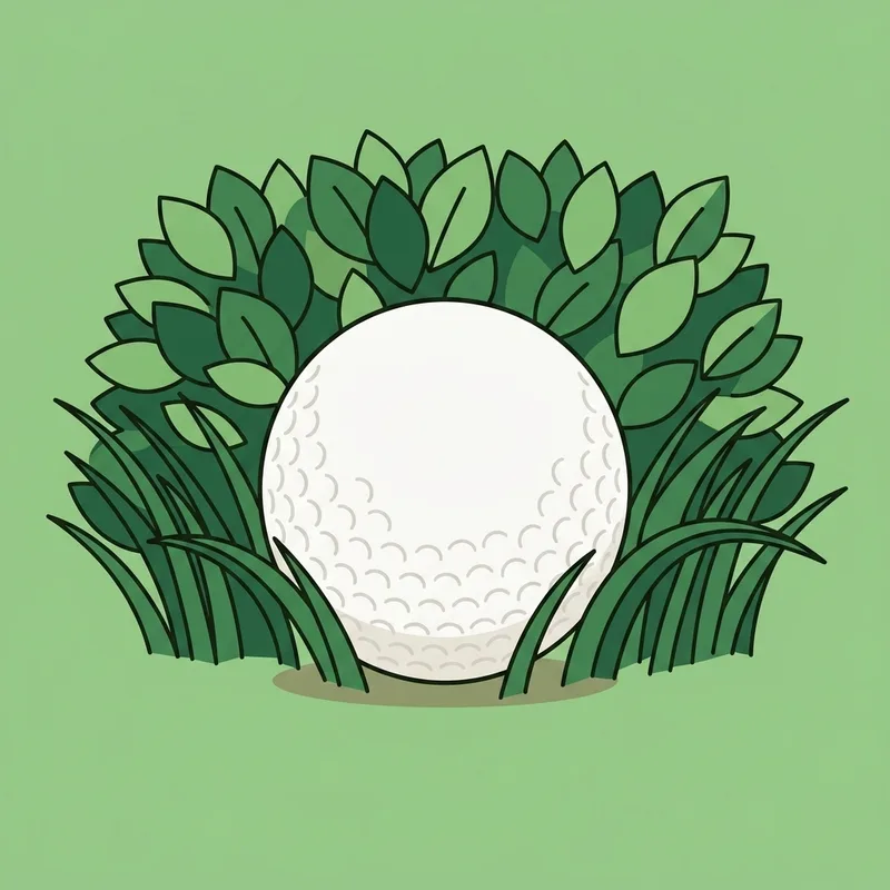 A golf ball resting in long grass at the base of a dense hedge