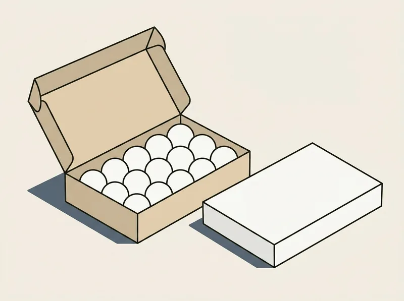 Illustration of an open cardboard box of plain golf balls arranged in rows beside a closed box