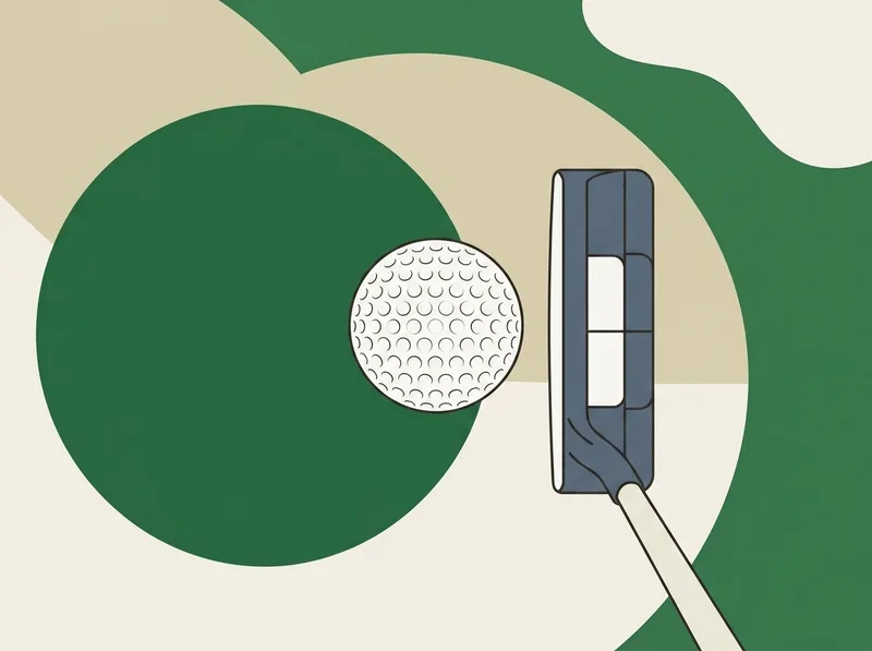 Illustration of a plain golf ball resting beside the head of a putter on a flat surface