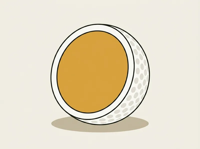 Illustration of a plain golf ball cut cleanly in half showing a solid core inside a thin outer layer
