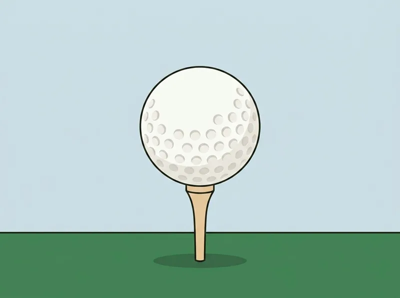 Illustration of a plain golf ball sitting on a tall wooden tee pushed into short grass