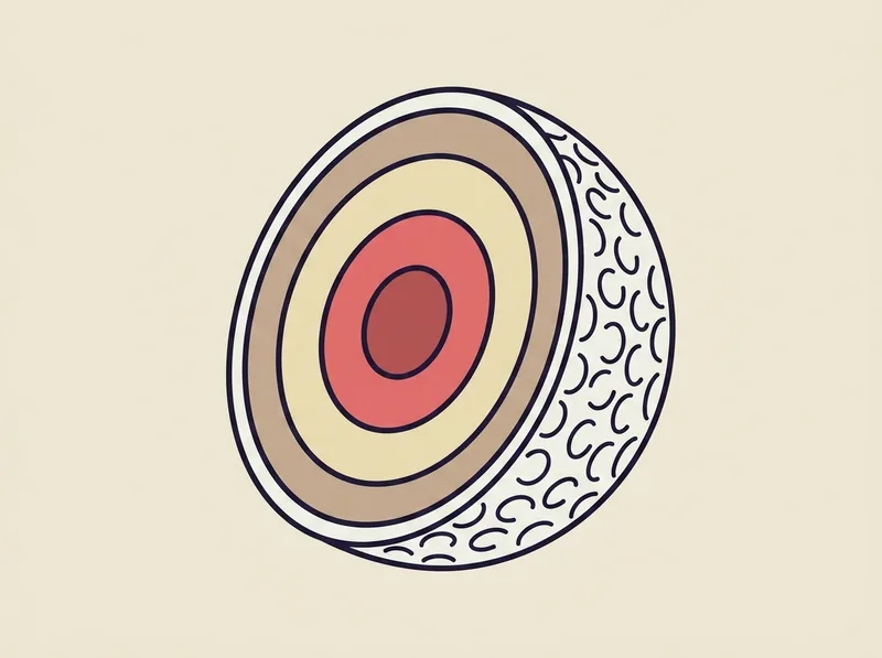 Illustration of a golf ball cut cleanly in half so the concentric inner layers show as simple rings