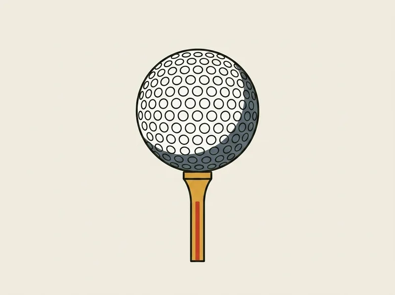 Illustration of a golf ball with a dimpled surface balanced on a slim wooden tee