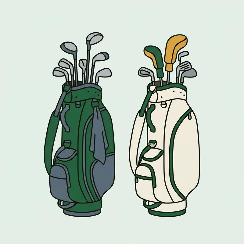 Two large golf bags standing upright side by side on a paved path in soft light