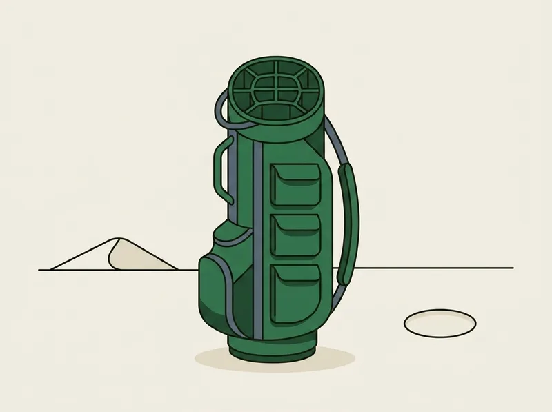Illustration of a wide golf cart bag seen from the front with a column of pockets running down the face toward the viewer