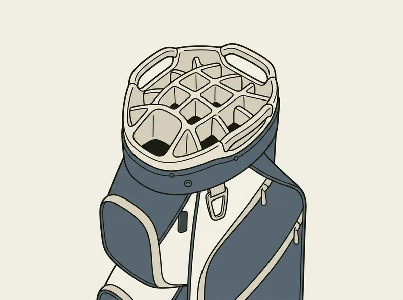 Illustration of a wide golf cart bag seen from a high angle with three moulded grab handles around the upper rim